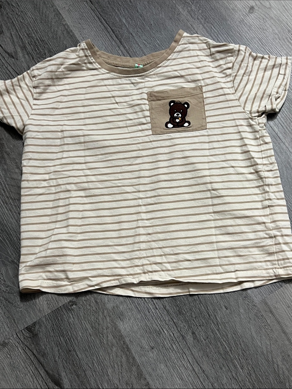 Striped Beige & Cream Kids' Tee with Bear Pocket